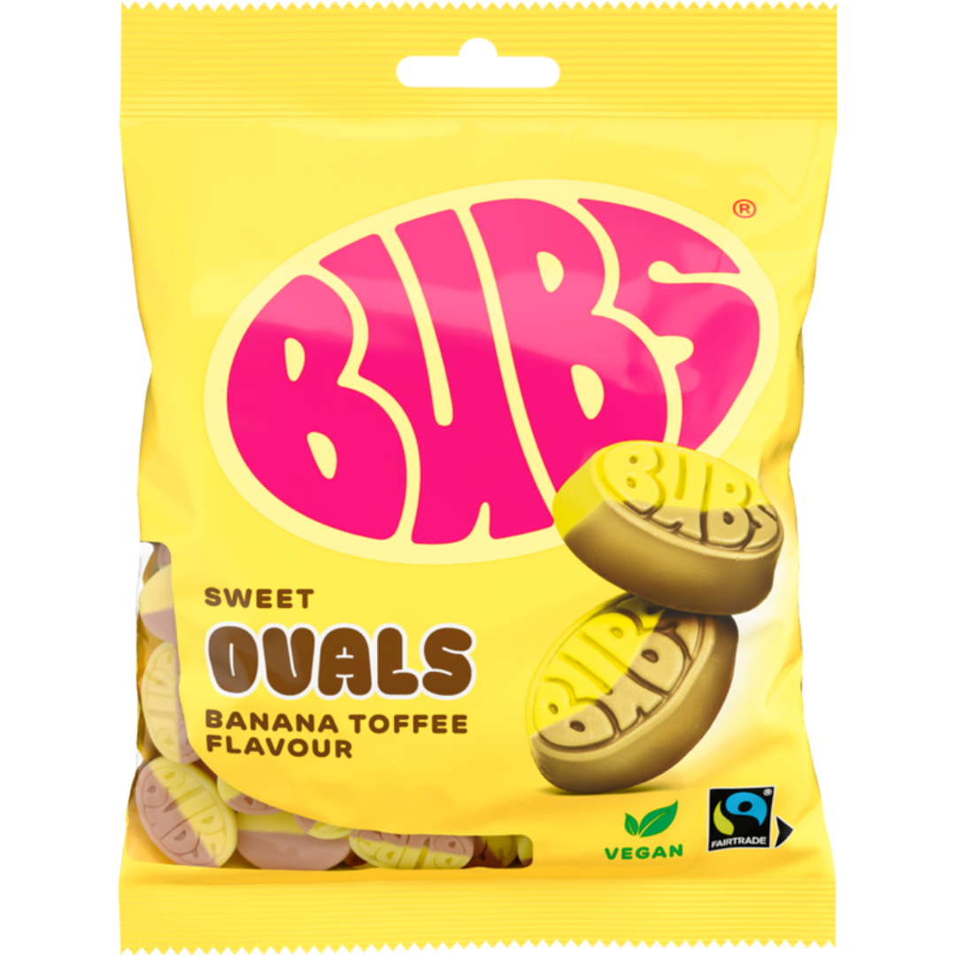 Bubs Banana Toffee Ovals 90g and 175 g Bags Swedish Gummy Candy
