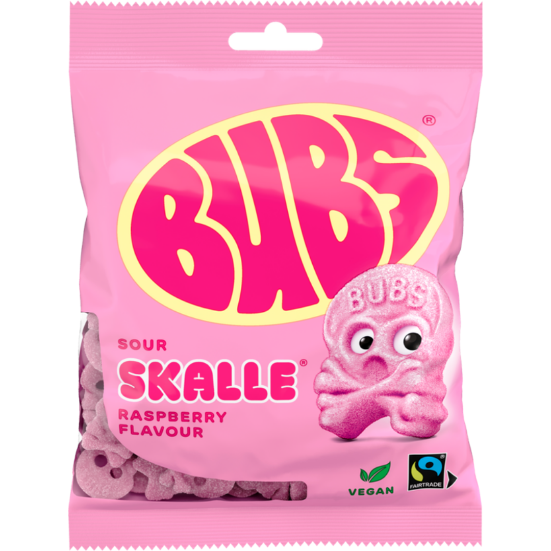 Bubs Mini Sour Raspberry Skulls Bags Swedish Gummy Candy