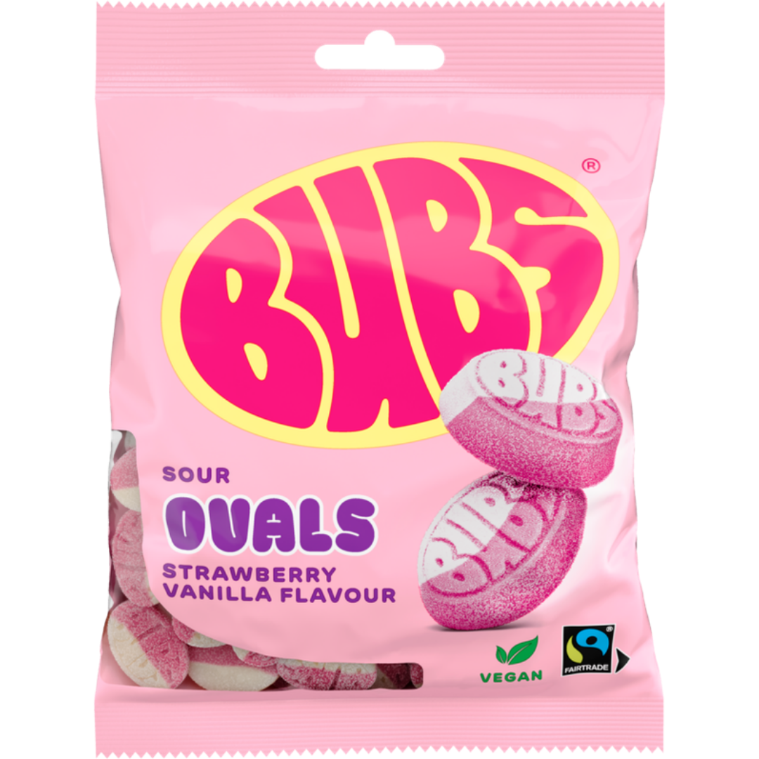 Bubs Sour Strawberry Vanilla Ovals 90g and 175g Bags Swedish Gummy Candy
